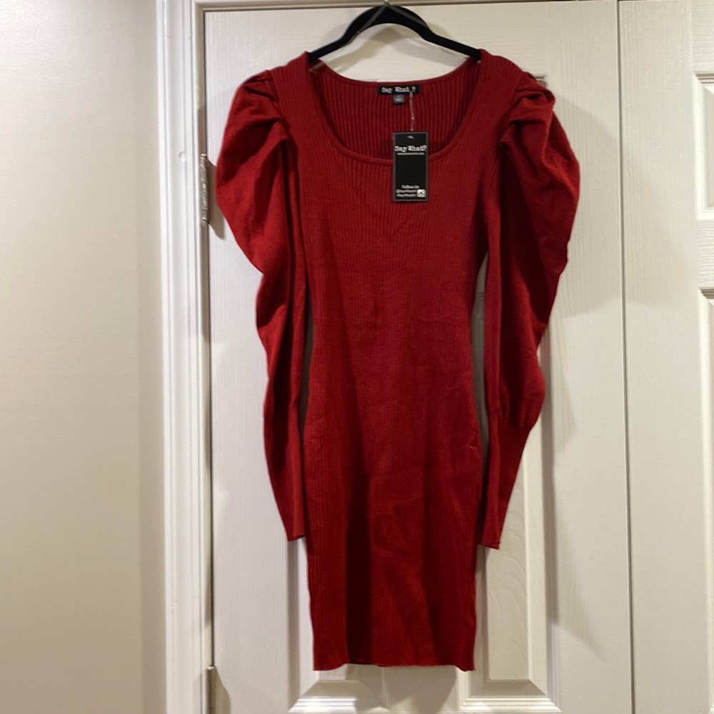 Say What? Fitted red sweater dress; long sleeved; size L; NWT